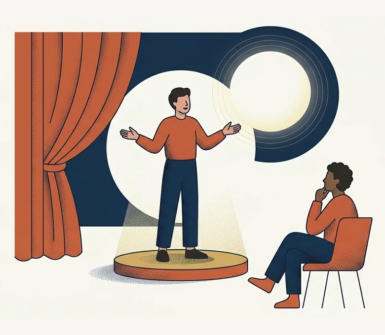 A person pitching in a spotlight on a small stage with a curtain, while a second person listens from a chair