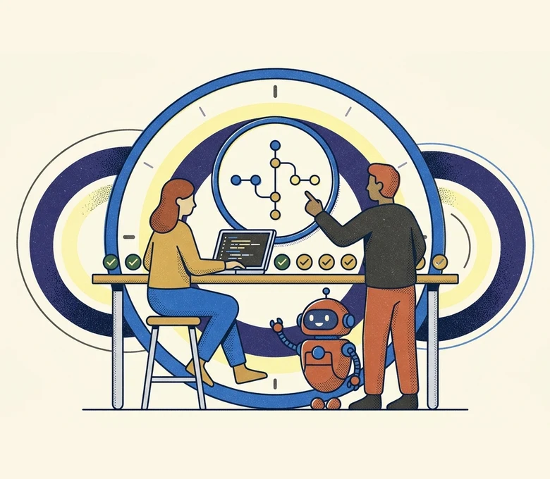 Two people at a workbench with a coding agent robot, a save-point dial and a row of passing test checkmarks behind them