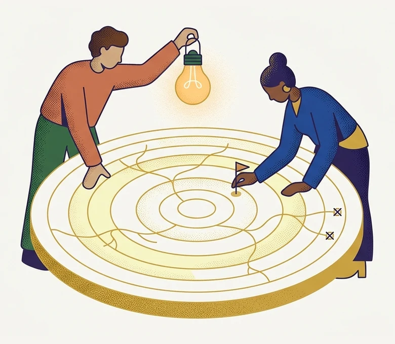 Two people leaning over a round map of concentric rings, one holding a lightbulb lantern and one planting a flag