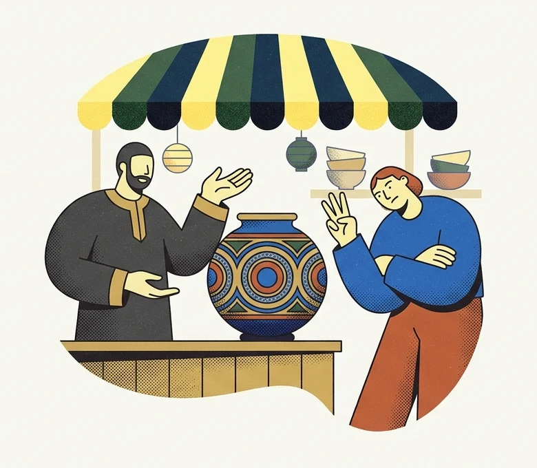 A merchant and a customer haggling over a large patterned vase at a market stall